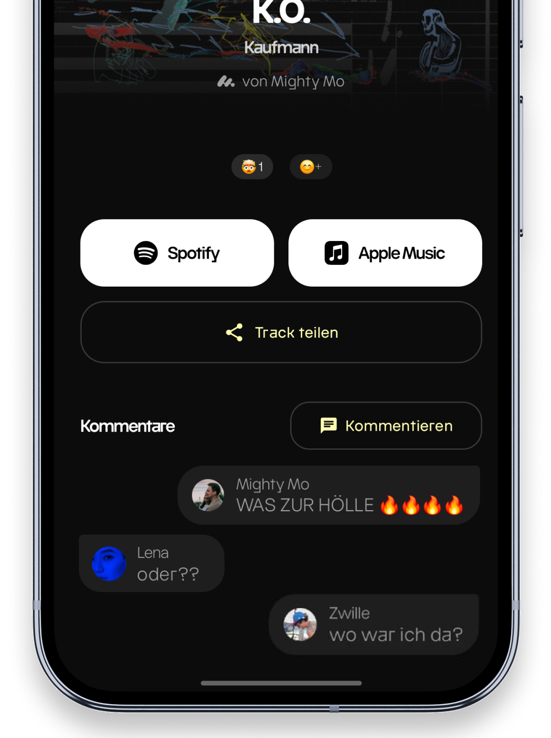 Mutual app – comments under an identified track