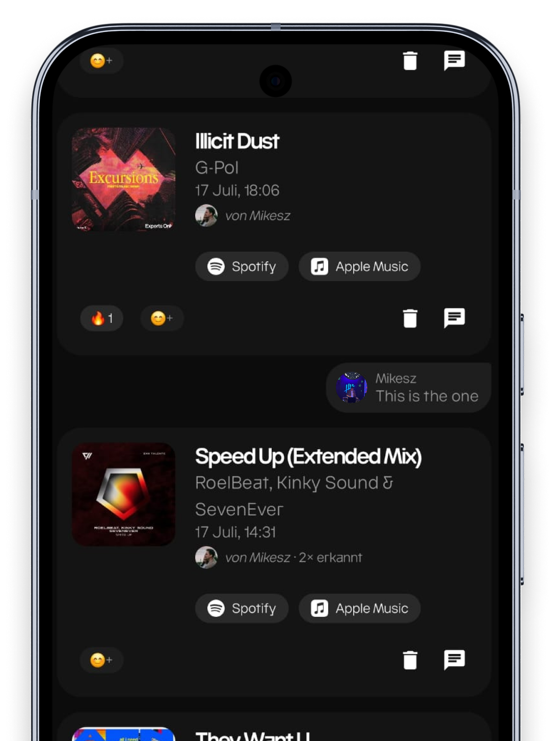 Mutual app – emoji reactions on tracks in the list